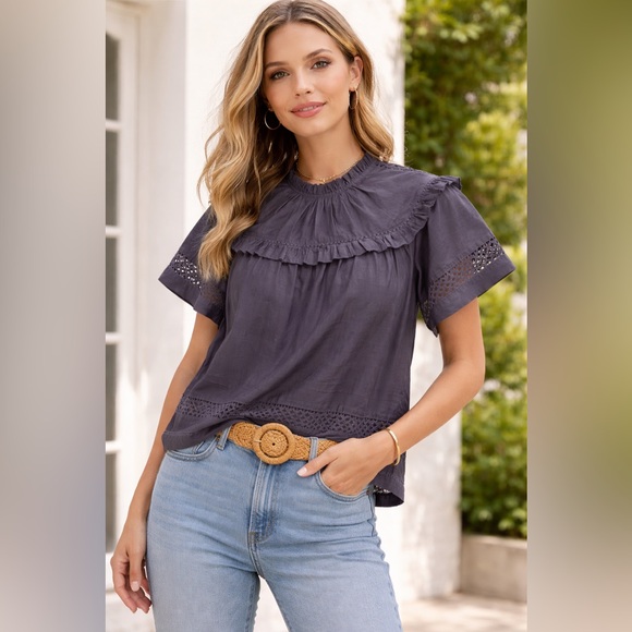Marie Oliver Tops - Marie Oliver Ruffle Lace Trim Cotton Silk Blouse XS Charcoal